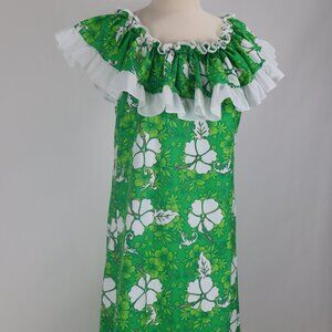 🌺 Vintage Tropical Floral Hawaiian Green Ruffled Long Train Dress Gown Resort